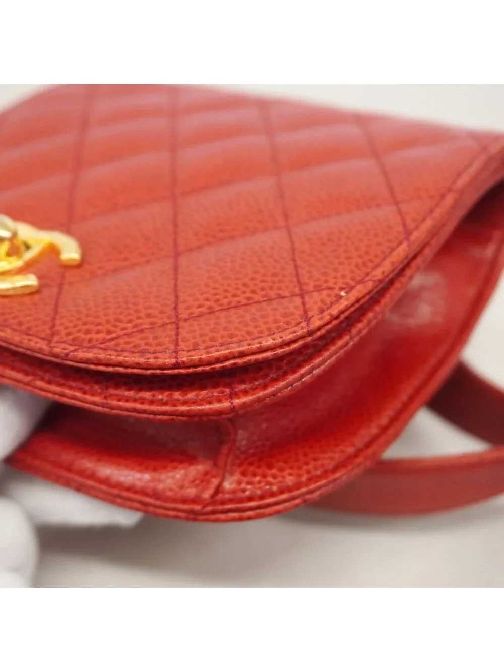 Chanel Waist Bag Quilted Caviar Leather Red Gold